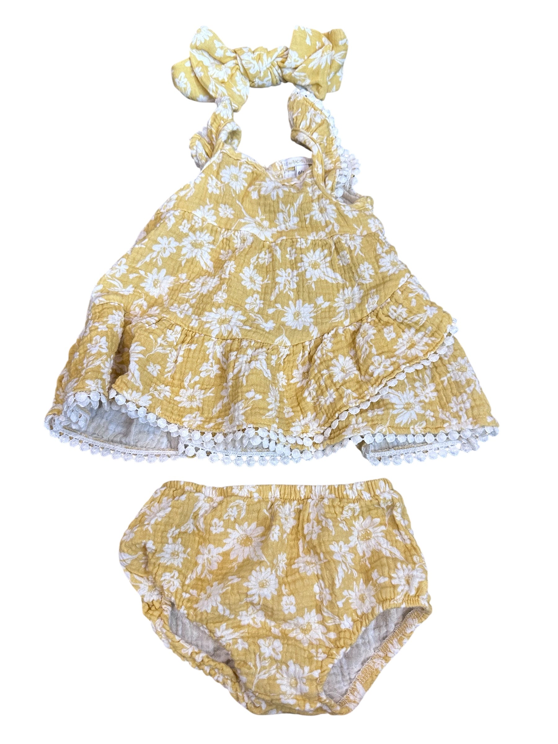 Yellow Floral Dress + Bloomer Set (0-3m)